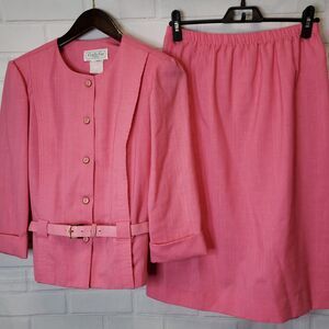Vintage 80s Leslie Fay Petites Pink 2 Piece Skirt Set size M medium